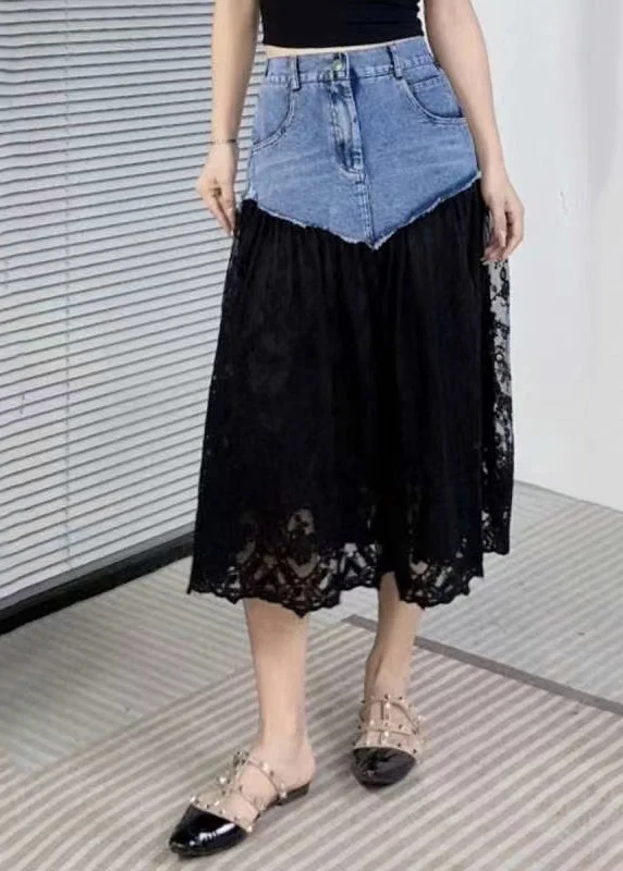 women's dressy circle skirtsNew Black Pockets Lace Patchwork Denim Skirts Summer