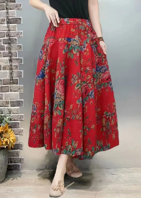 women's polyester tiered skirts for partiesNew Red Print Pockets Elastic Waist Cotton Skirt Summer