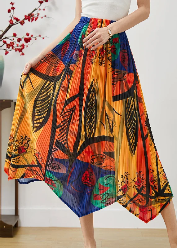 women's velvet skirtsOrange Print Cotton Pleated Skirt Exra Large Hem Summer