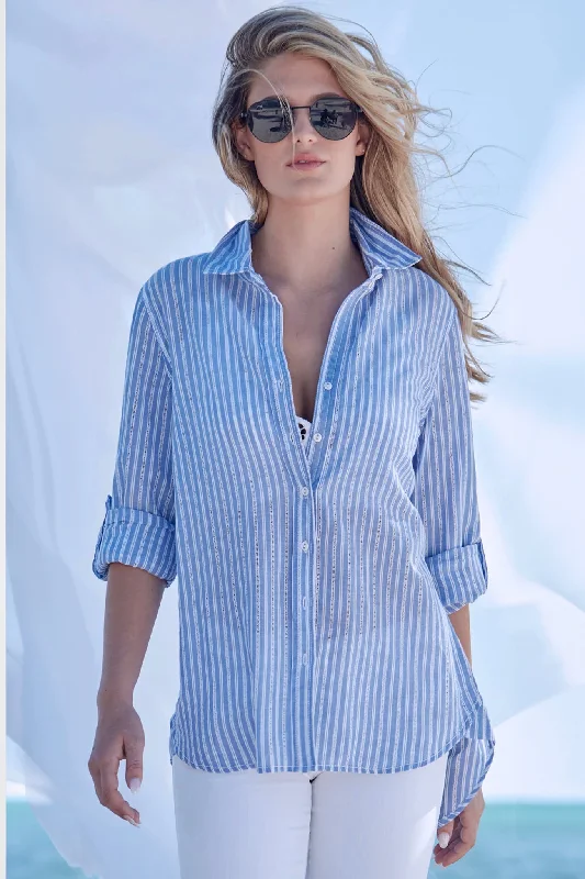 women's tops for minimalist aestheticsPositano Stripe Button Down - Blue