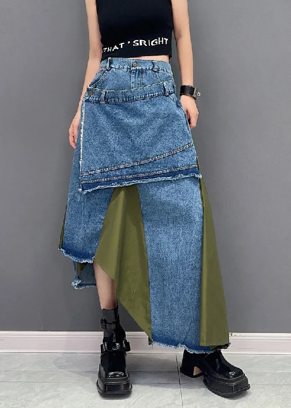 women's stretch skirtsStylish Green Asymmetrical Patchwork Denim Skirt Summer