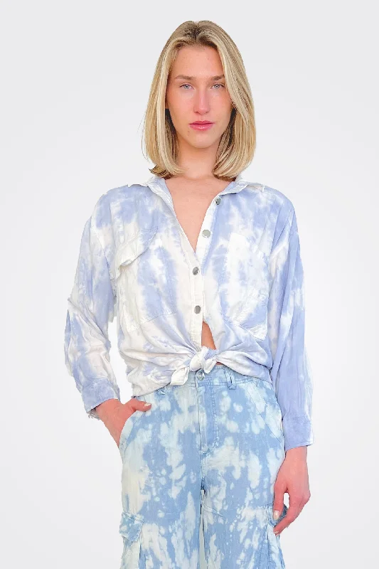 women's tops with bell sleevesTie Dye Button Down - Blue