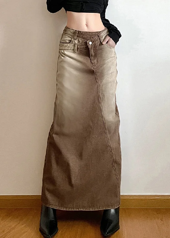 women's pajama-style formal skirtsVintage Light Brown Asymmetrical Side Open Denim Skirt Fall