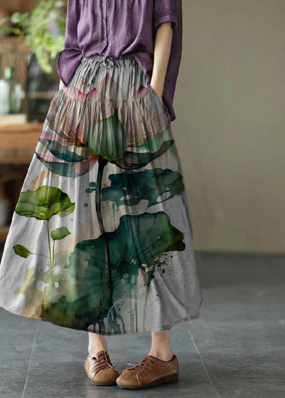 women's solid-color skirtsVintage White Flowers Elegant Patchwork Tie Waist Summer Skirt Linen