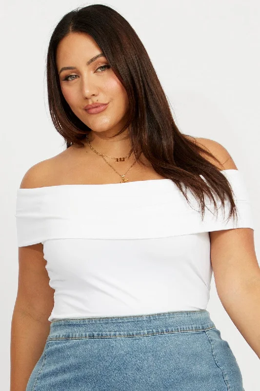 women's tops with cold-shoulder cutsWhite Top Off The Shoulder