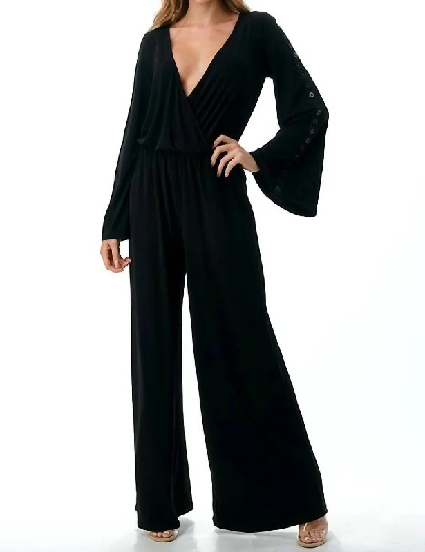 women's satin pantsGromment-Arm Detail Surplice Jumpsuit In Back