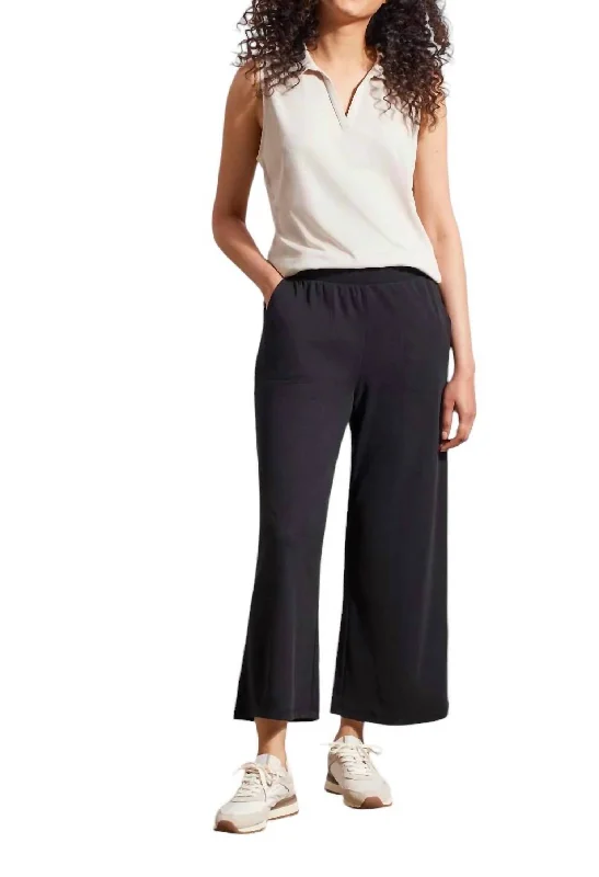 women's denim pantsSporty Ribbed Wide Leg Capri Pants In Black