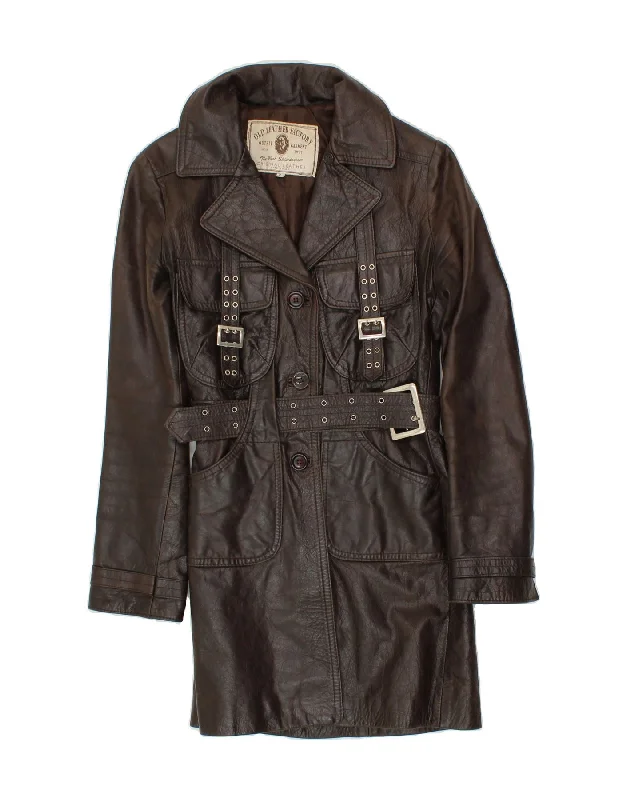 women's coats with cinched waistsVINTAGE Womens Leather Coat UK 8 Small Brown