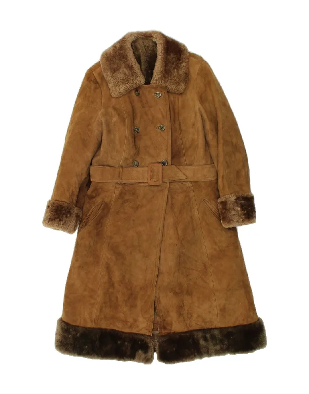 women's coats with sheer overlaysVINTAGE Womens Shearling Coat UK 10 Small Brown Leather