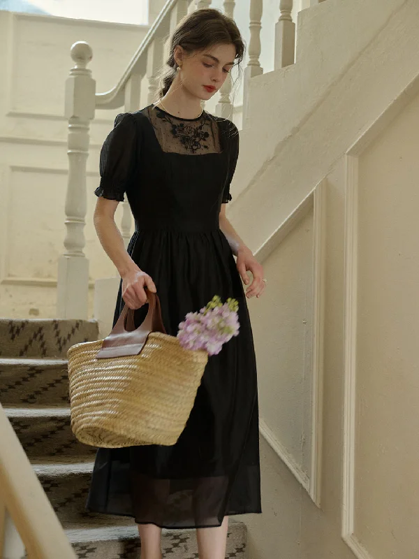 Shift DressAriella Round Neck Mesh Embroidered Puff Sleeve Dress