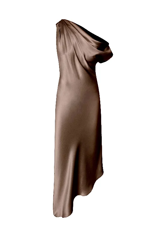 women's bell-sleeved dressesAsymmetric Draped Shoulder Full Length Dress - Ash