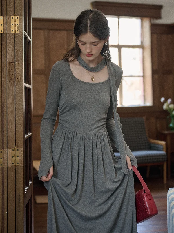 women's plus-size dressesKaitlyn Round Neck Elegant Gray Slim Fit Knit Dress