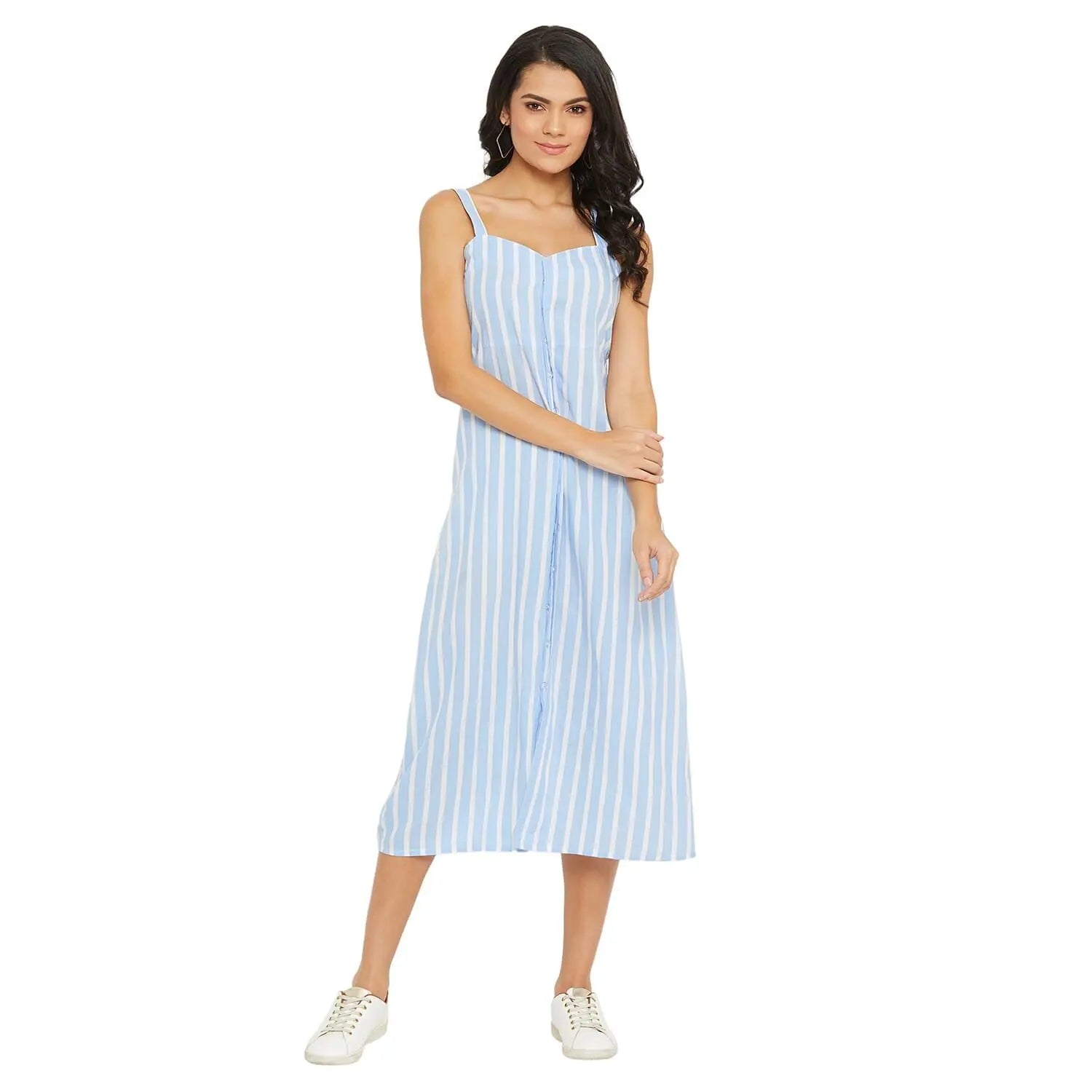 Mermaid DressAdults-Women Blue and White Stripe Fit and Flare Midi Dress