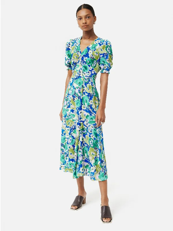 Floor-Length DressAbstract Meadow Midi Tea Dress | Green