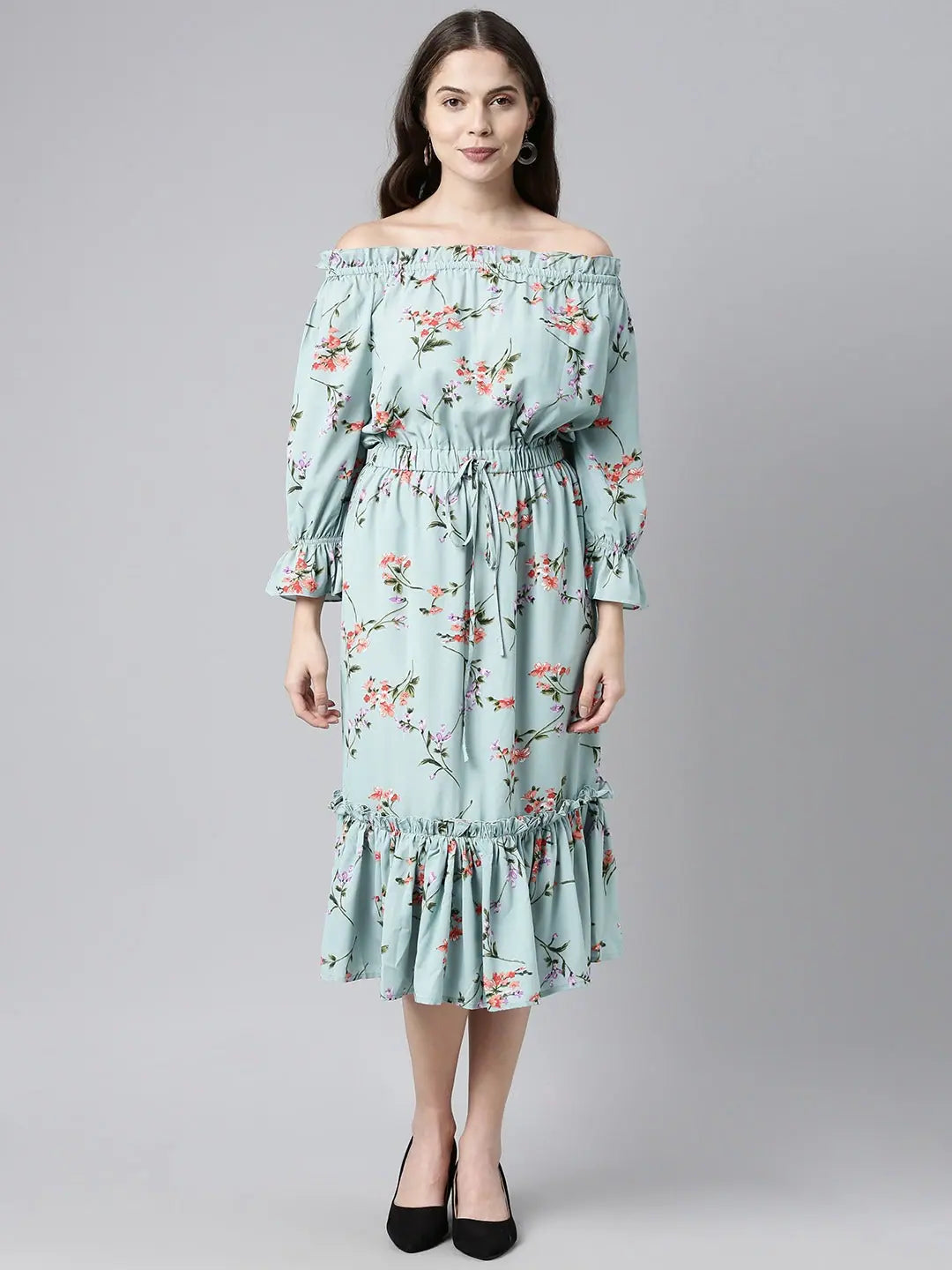 Asymmetric DressAhika Blue Red Floral Print Off Shoulder Flounce Hem Midi Dress With Waist Tie Ups