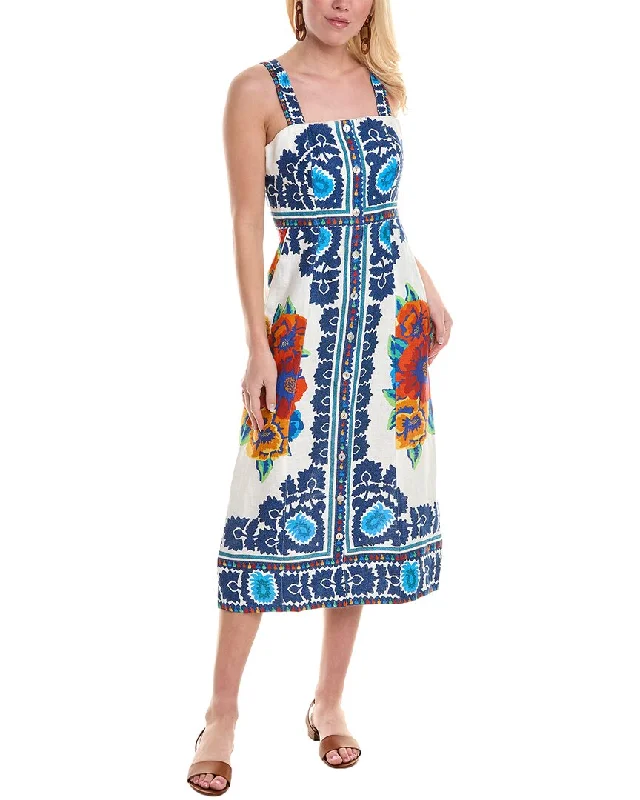 Evening DressFARM Rio Flower Tapestry Button Front Linen Midi Dress