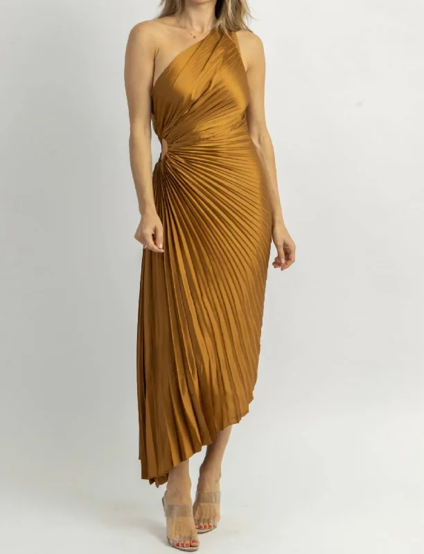 Velvet DressFresco Pleated Midi Dress In Golden Ochre