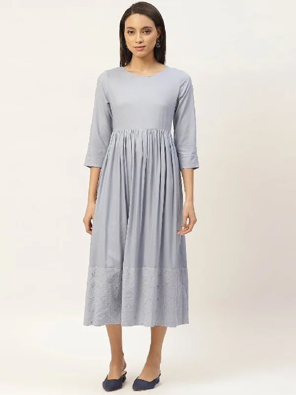 women's maxi dressesGrey Schiffli Gathered Midi Dress