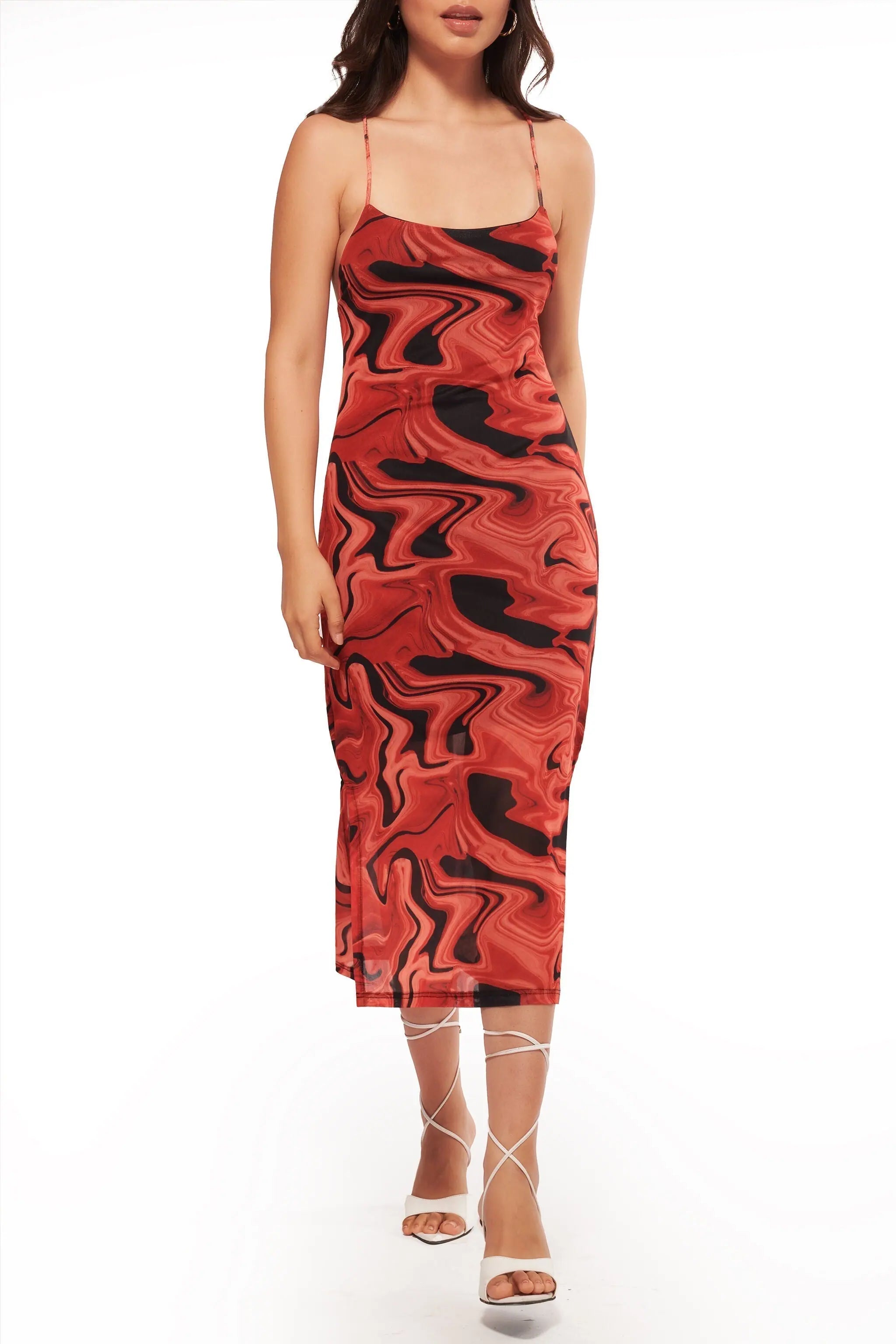 Lace DressIZF Red Printed Mesh layered midi dress