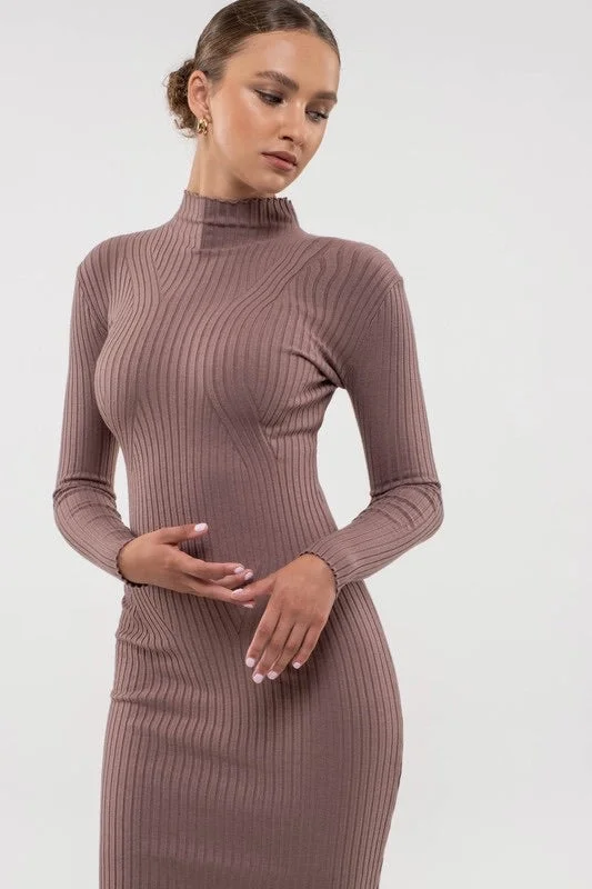 women's cocktail dressesMock Neck Long Sleeve Sweater Knit Midi Dress