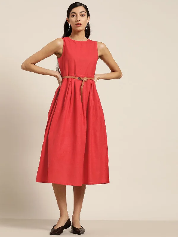 Fit-And-Flare DressRed Sleeveless Box Pleat Midi Dress