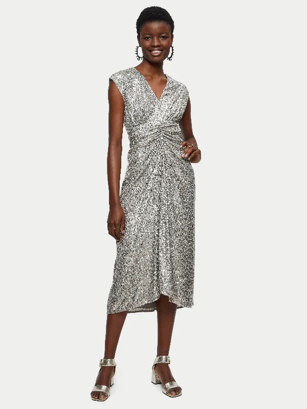 women's petite dressesSequin Ruched Midi Dress | Pewter