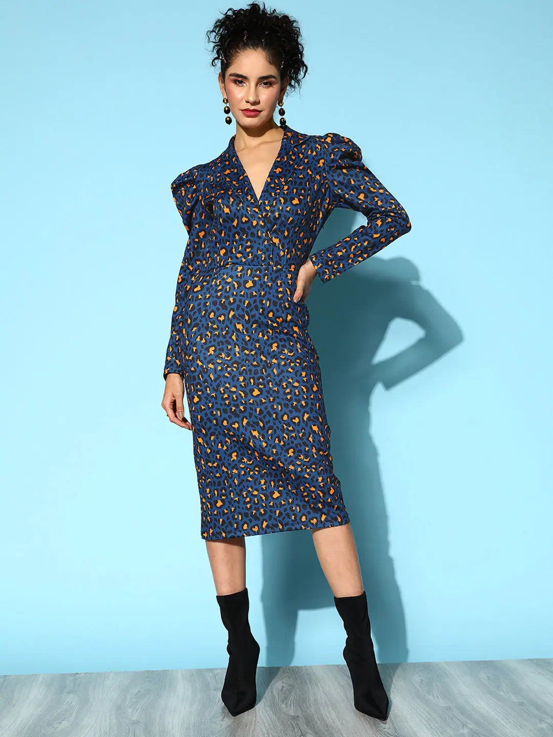 Velvet DressWomen Navy Cheetah Scuba Wrap Bodycon Midi Dress