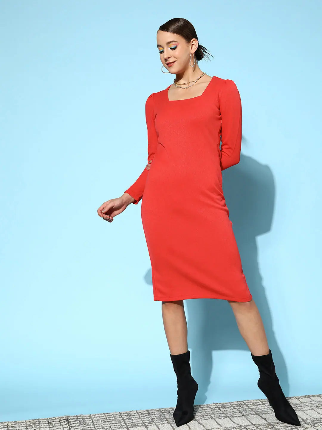 Long-Sleeve DressWomen Red Rib Square Neck Bodycon Midi Dress