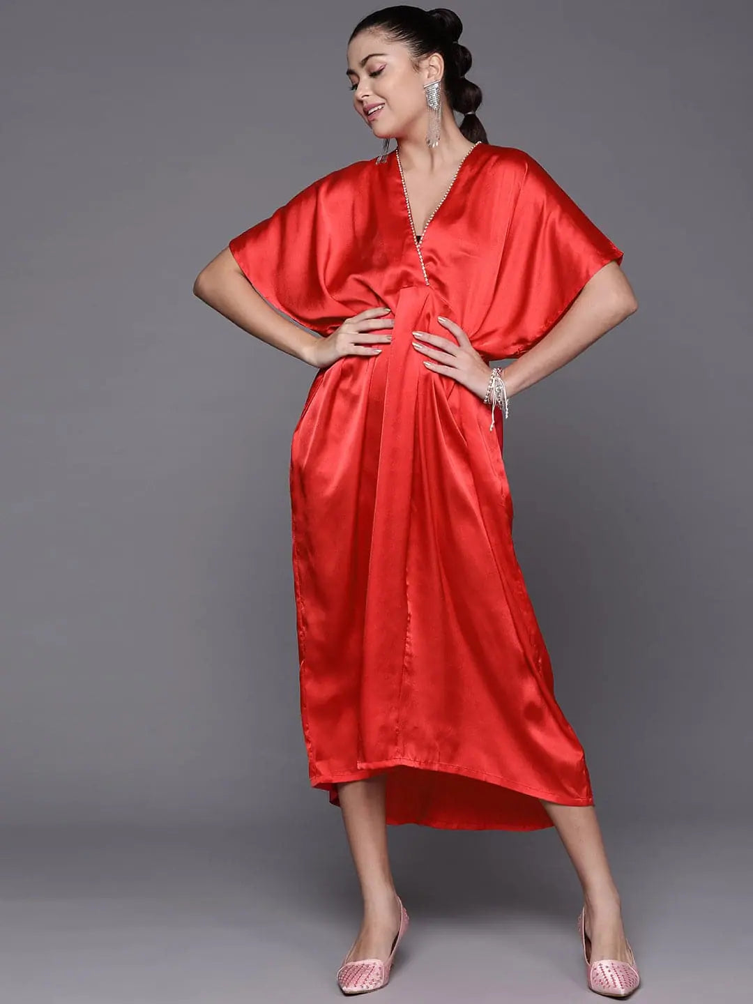 women's metallic dressesWomen Red Satin Kaftan Midi Dress