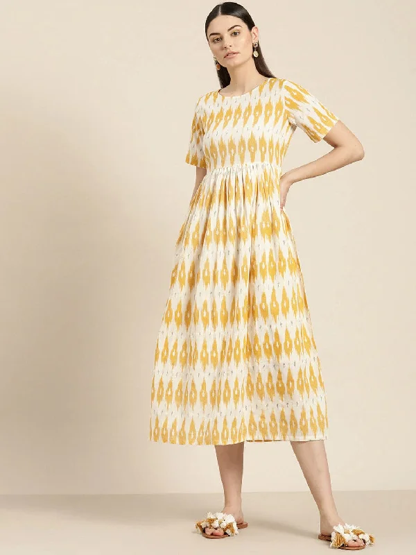 Ball Gown DressYellow Ikat Patch Pocket Midi Dress