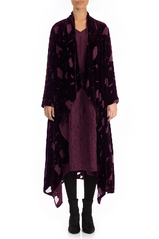 women's coats for apple-shaped bodiesOpen Devoré Burgundy Silk Velvet Maxi Jacket