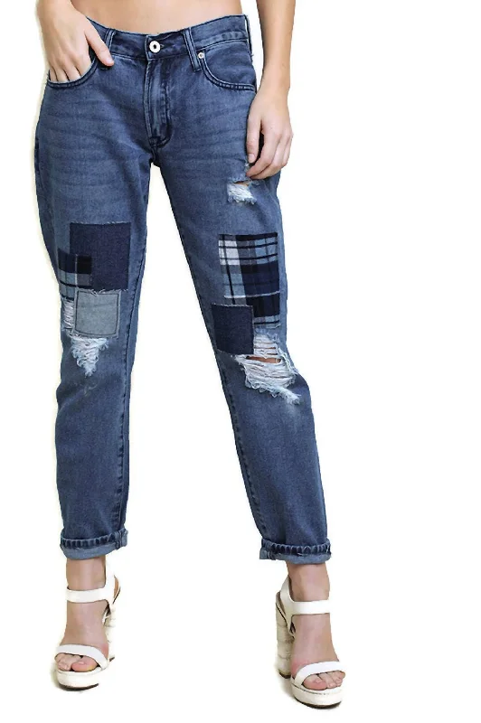 women's denim jeans for plus-size womenDistressed Patchwork Boyfriend Jean In Dark Denim