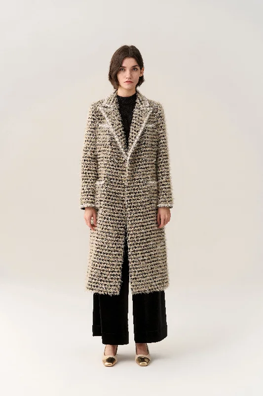 women's coats for travelDouble-breasted Frayed-detail Lapel Tweed Coat