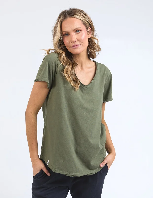 women's tops with sheer overlaysElm Pima Vee Tee Khaki