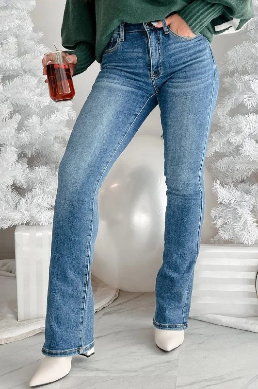 women's denim jeans with distressed hemsGodwin Special A Mid-Rise Tummy Control Bootcut Jeans (Dark)