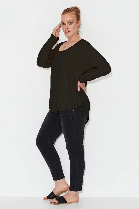 women's tops for gala dinnersLinen Long Sleeve Longline Tee - Black