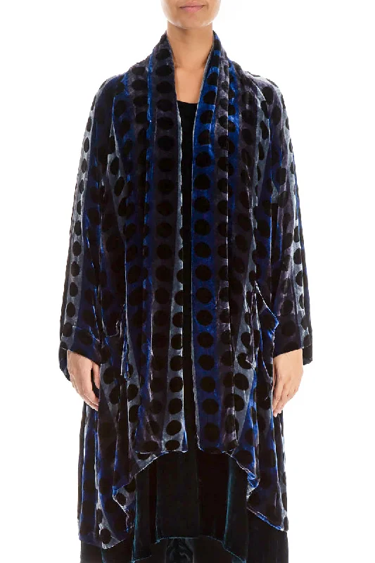 women's coats with beadwork accentsOpen Patterned Blue Silk Velvet Jacket