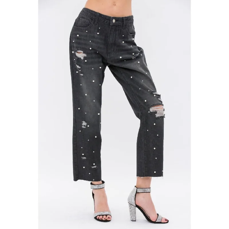 women's denim jeans for a flattering silhouettePearl Embellished Ripped Denim Jeans In Black