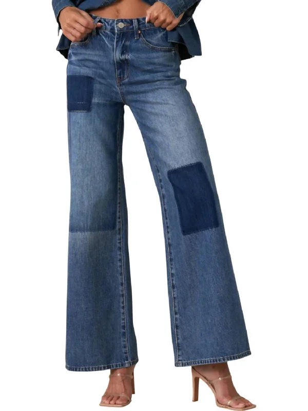 women's denim jeans with stretch fabricRelaxed Wide Leg Patchwork Jeans In Blue