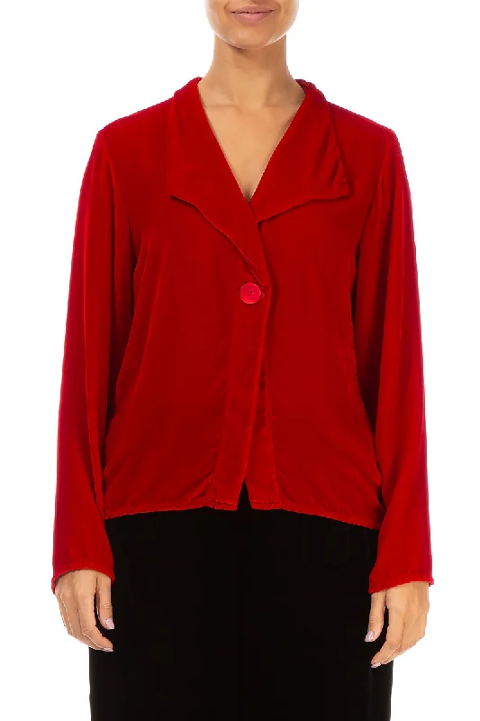 women's coats in bold colorsSingle Button Red Silk Velvet Jacket