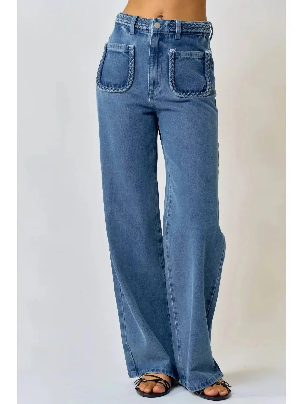 women's denim jeans for a chic appearanceStraight Leg Braid Jean In Medium Wash