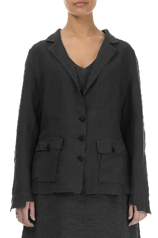 women's coats for black-tie affairsThree Pockets Black Linen Blazer Jacket