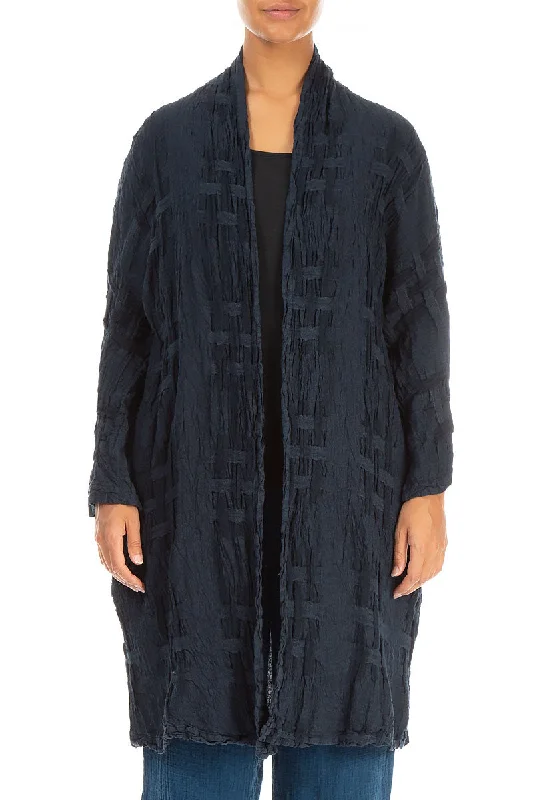 women's shearling coatsWoven Texture Dark Navy Linen Jacket